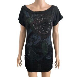 Shirt Womens Small Black Multicolored Rhinestone Beaded Rose Gathered Sides